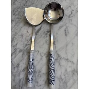 Spatula and Ladle Kitchen Utensils Ceramic Handles Blue And White Vintage